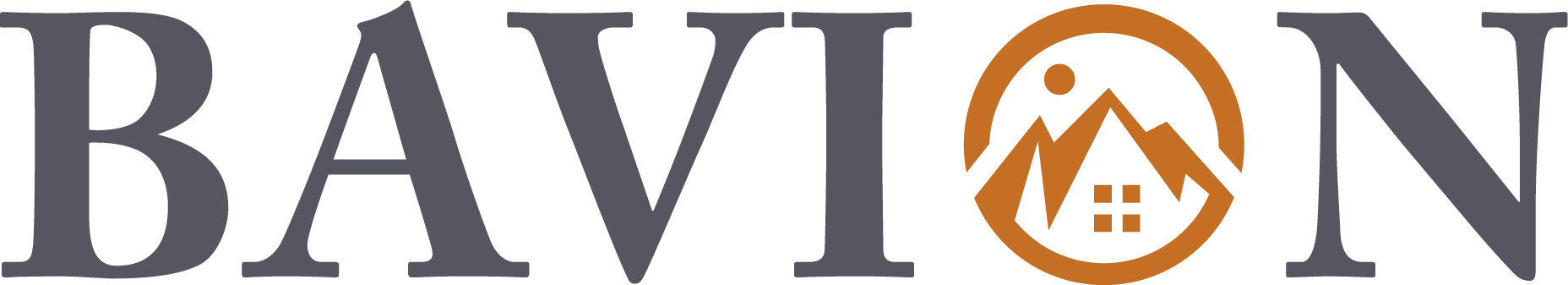 BAVION Logo mit grauer Serifenschrift und orangefarbenem Kreis-Symbol mit stilisiertem Haus, Bergen und Sonne – modernes Immobilien- und Bauunternehmen Branding
