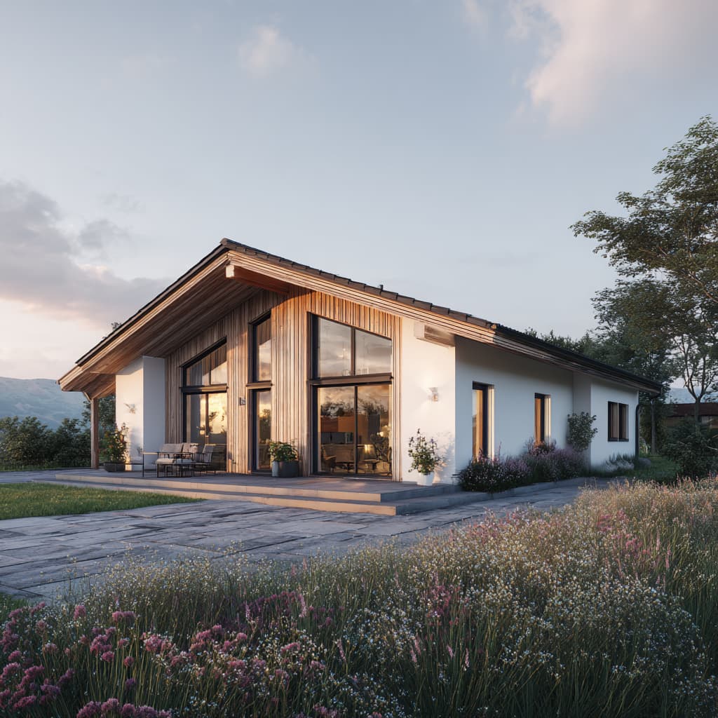 Moderner eingeschossiger Haustyp Almsicht 125 mit Satteldach, Holzfassade und großer Glasfront in naturnaher Umgebung