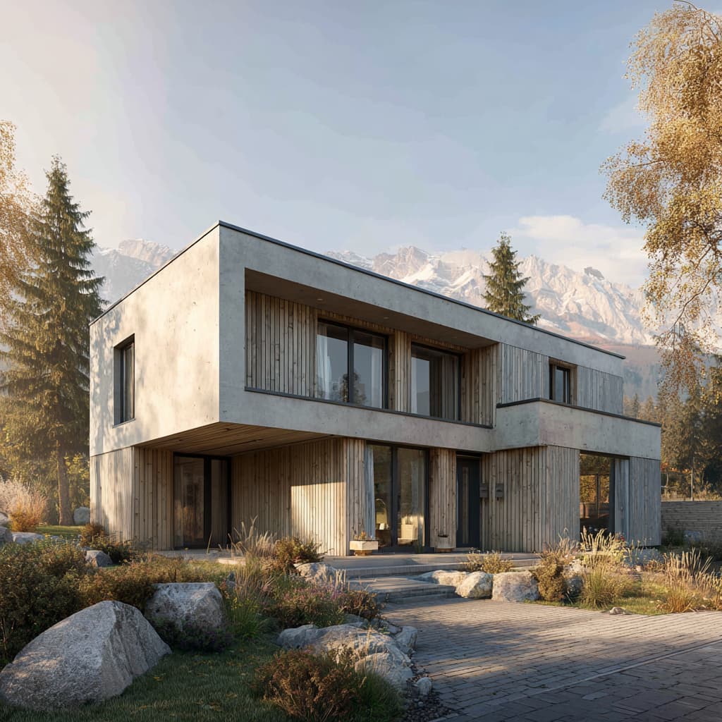 Modernes zweistöckiges Einfamilienhaus mit Holzfassade und Flachdach in alpiner Landschaft mit Bergpanorama und großen Fensterfronten