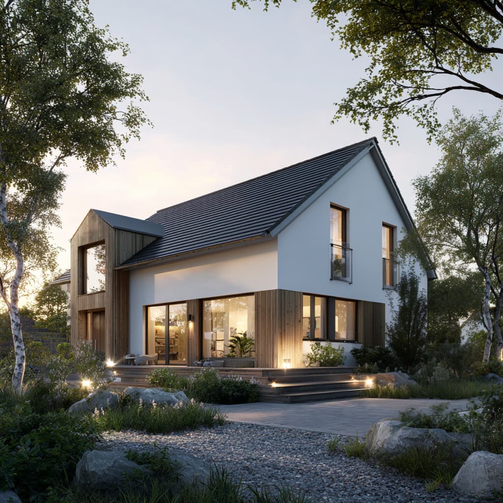 oderner zweigeschossiger Haustyp Auenlicht 115 mit Satteldach, Holzfassade und großzügiger Glasfront in naturnaher Umgebung