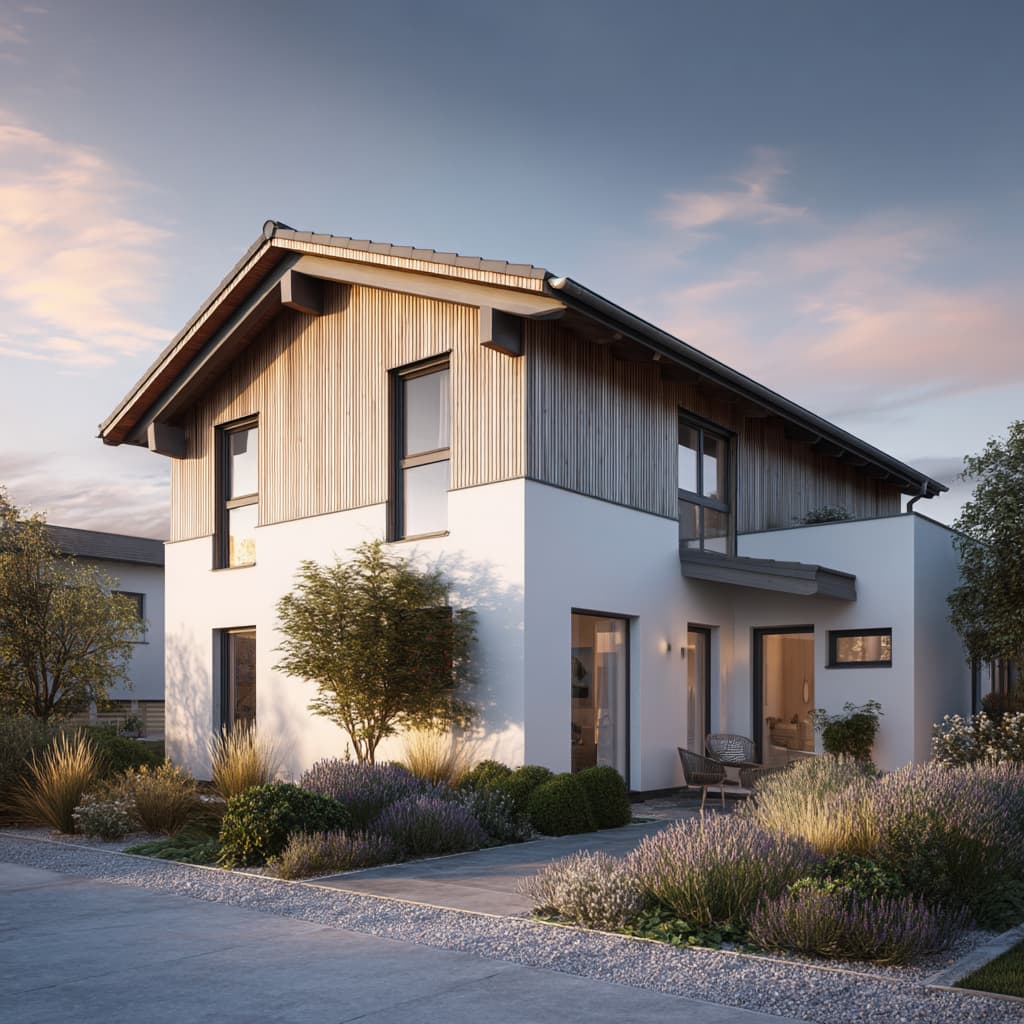 Modernes Einfamilienhaus mit Satteldach, weißer Putzfassade und Holzverkleidung im Obergeschoss, gepflegter Garten mit Lavendel und moderner Eingangsbereich