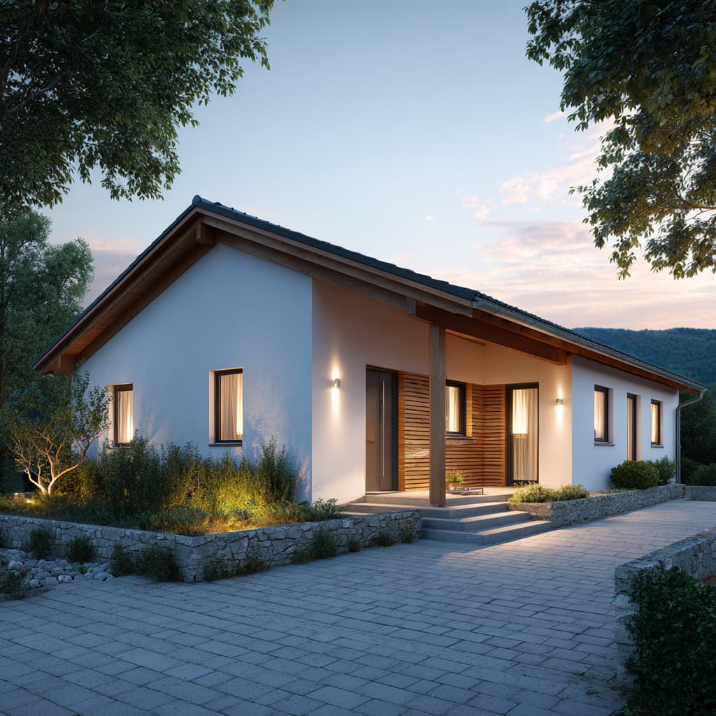 Moderner eingeschossiger Haustyp Bergblick 110 mit Satteldach und überdachtem Eingangsbereich in ruhiger Naturlage