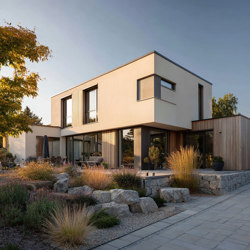 Modernes Einfamilienhaus Bergkant 160 mit kubischer Architektur, Flachdach, großen Glasfronten und hochwertiger Holzfassade in naturnaher Gartenlandschaft bei Abendlicht