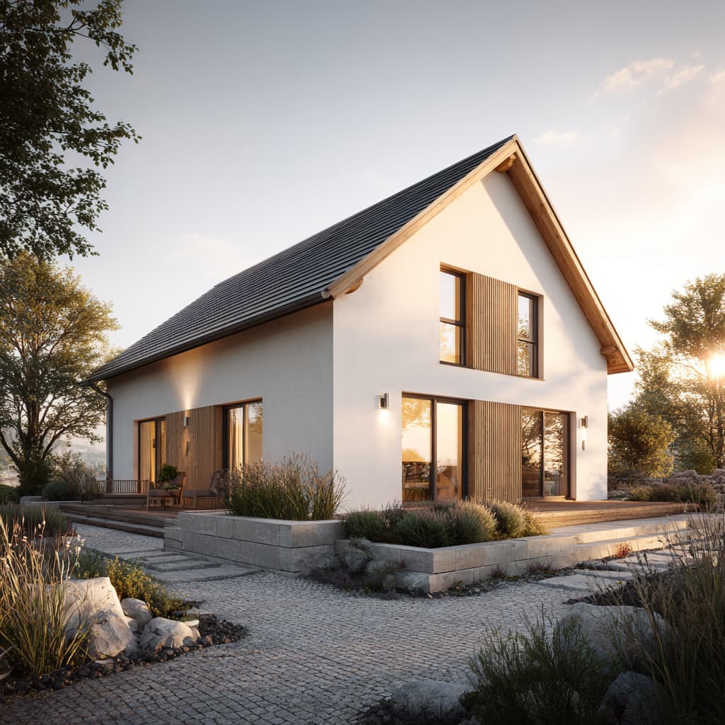 Modernes Einfamilienhaus mit Satteldach, heller Putzfassade und Holzdetails, großen Fensterflächen und großzügiger Terrasse in naturnah gestalteter Gartenanlage bei Sonnenuntergang