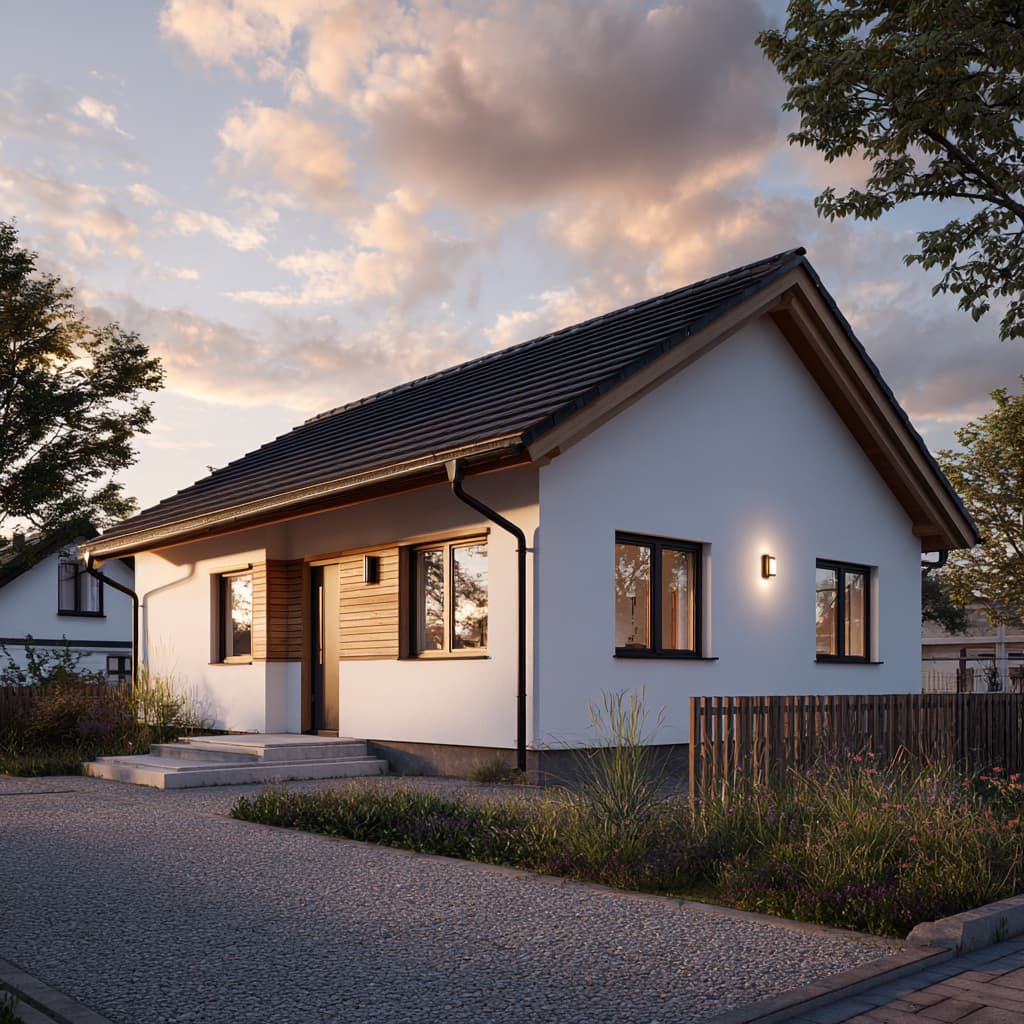 Modernes Einfamilienhaus mit Satteldach, weißer Putzfassade und Holzakzenten, energieeffiziente Neubauarchitektur mit großzügigen Fenstern und gepflegtem Vorgarten bei Abendstimmung