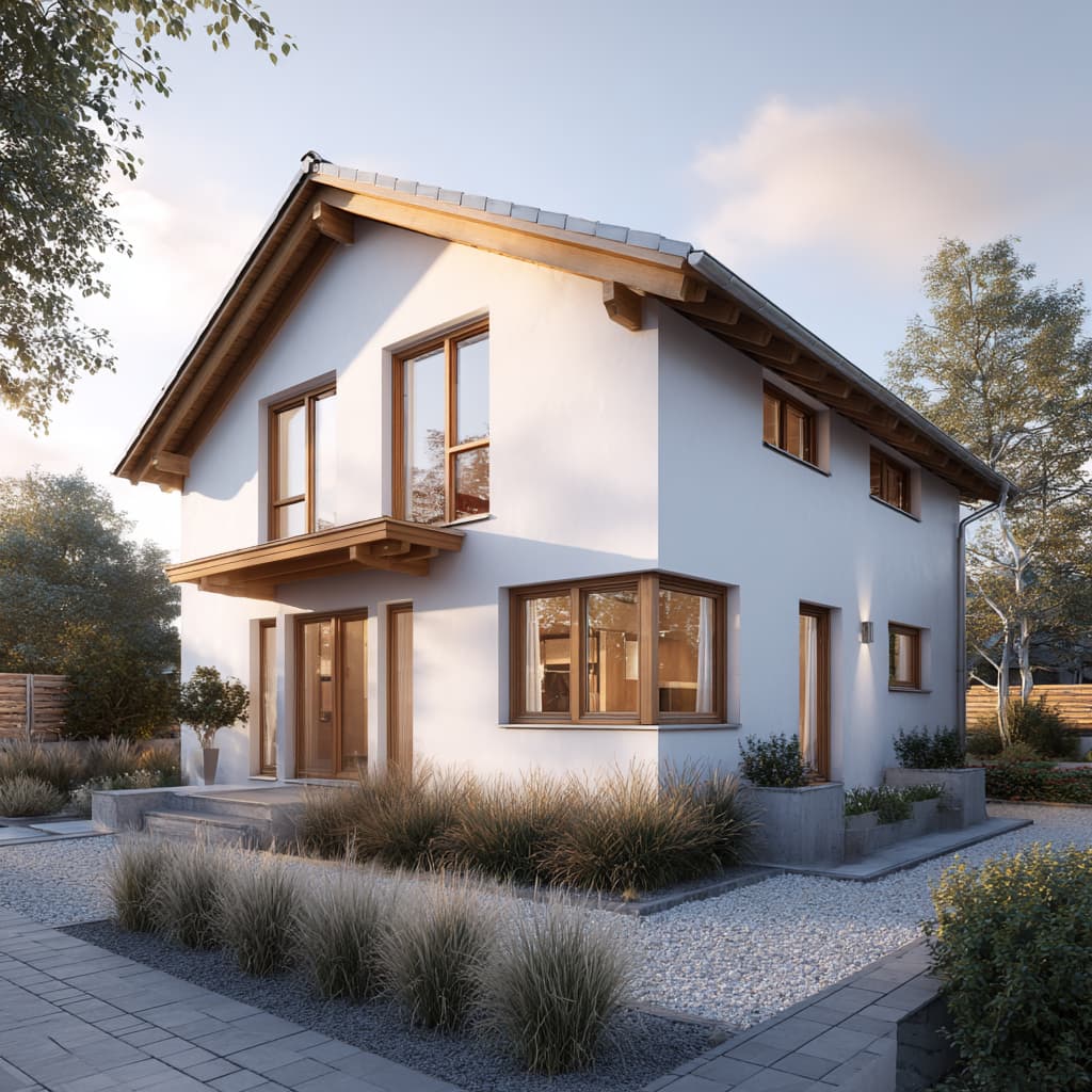 Modernes Einfamilienhaus mit Satteldach, weißer Fassade und Holzfenstern, energieeffiziente Neubauarchitektur mit großzügigen Fenstern und stilvoll angelegtem Vorgarten bei warmem Abendlicht