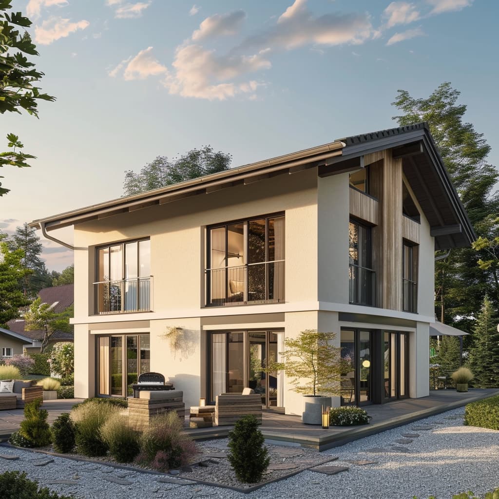 Modernes Einfamilienhaus mit Walmdach, heller Putzfassade und Holzverkleidung, großzügigen Fensterflächen und Terrasse, energieeffiziente Neubauarchitektur in ruhiger Wohnlage bei Abendlicht