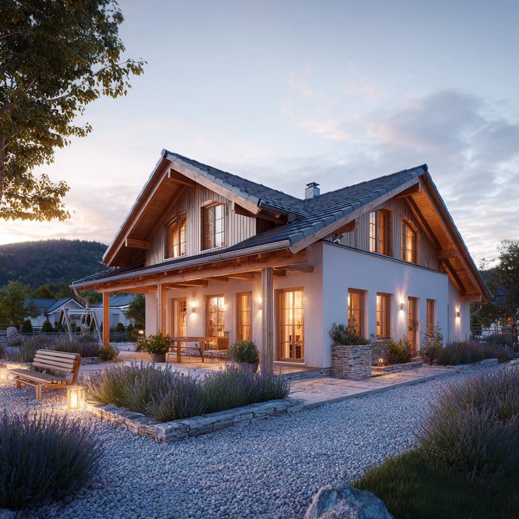 Klassisches Einfamilienhaus mit Satteldach, Holzdetails und überdachter Terrasse, energieeffizientes Fertighaus in naturnaher Lage bei Abendbeleuchtung