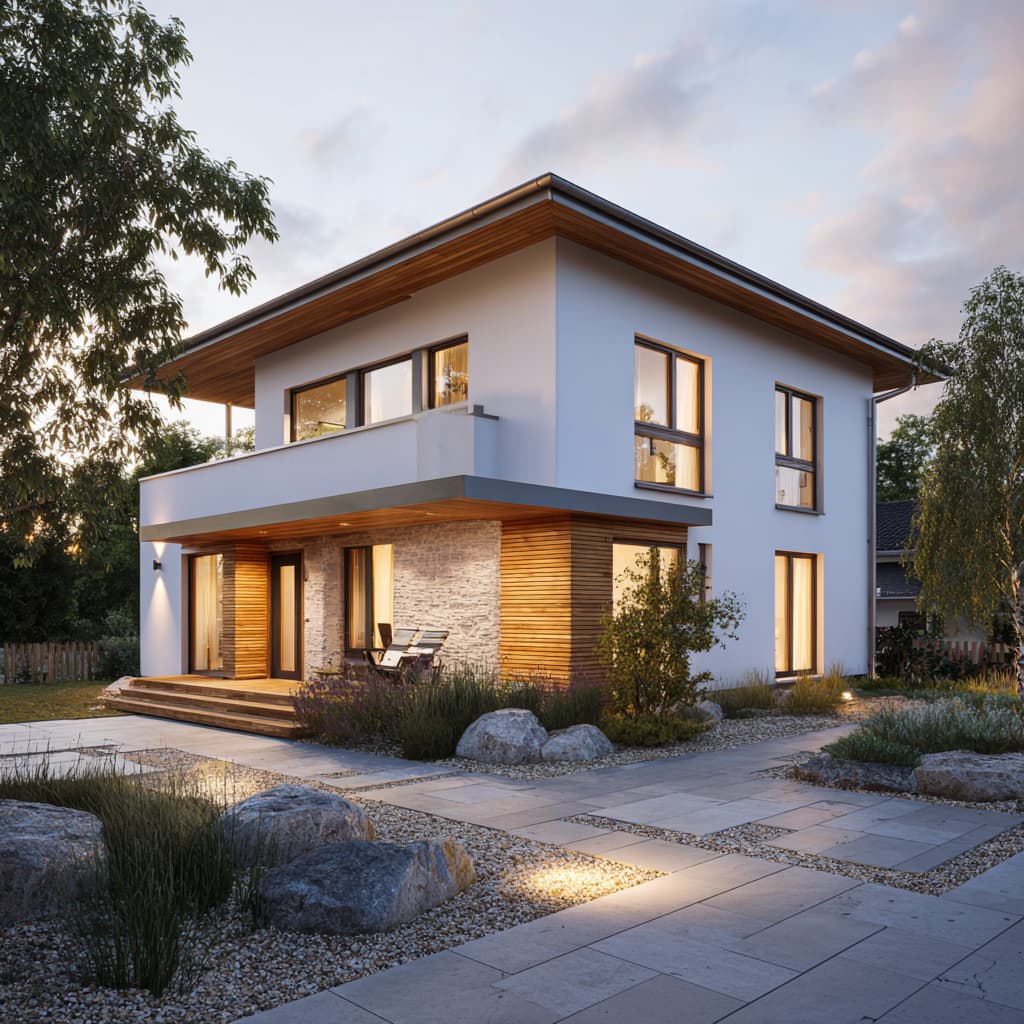 Moderner zweigeschossiger Haustyp Moortal 128 mit Flachdach, Balkon und großer Terrasse, energieeffizientes Einfamilienhaus mit Holz- und Putzfassade in ruhiger Wohnlage bei Abendlicht