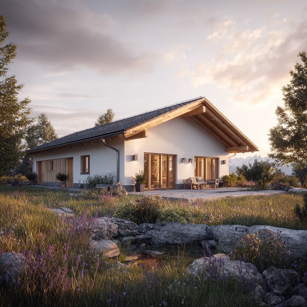Moderner Bungalow mit Satteldach und großer Terrasse, energieeffizientes Einfamilienhaus in naturnaher Landschaft mit Garten und Bergblick bei Sonnenuntergang