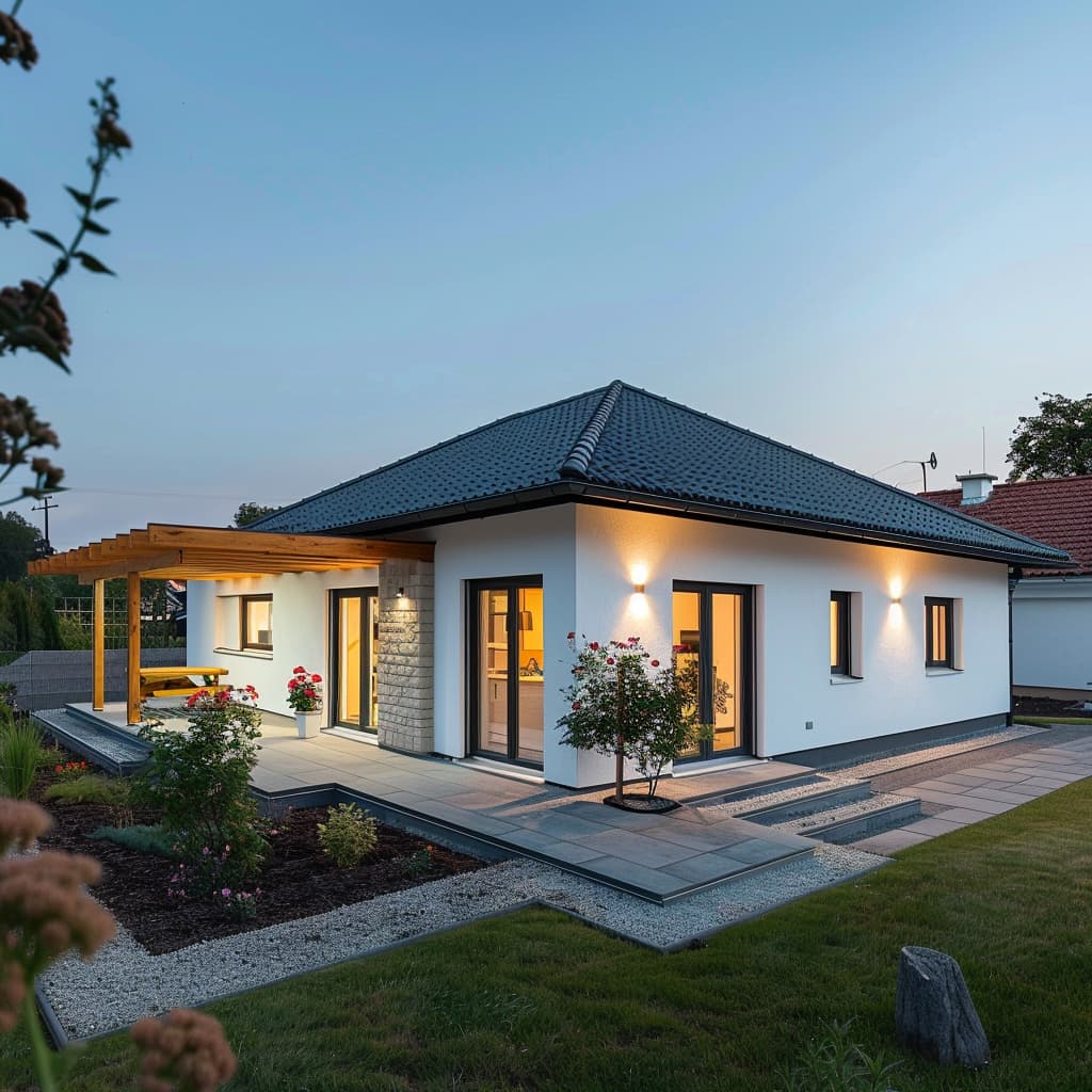 Moderner Bungalow mit Walmdach und überdachter Terrasse, energieeffizientes Einfamilienhaus mit gepflegtem Garten und bodentiefen Fenstern in ruhiger Wohnlage bei Abenddämmerung