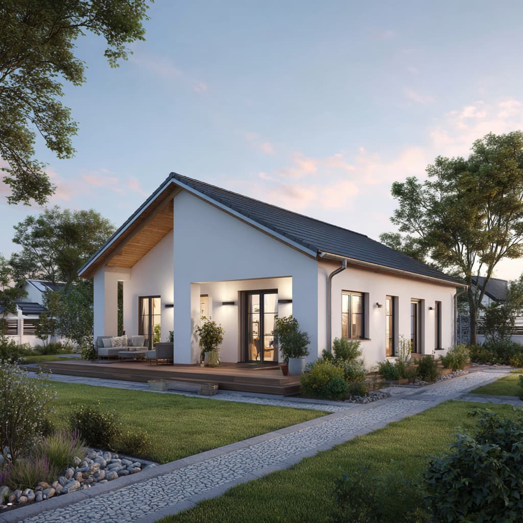 Moderner Bungalow mit Satteldach und überdachter Terrasse, energieeffizientes Einfamilienhaus mit großem Garten und bodentiefen Fenstern in ruhiger Wohnsiedlung bei Abendlicht