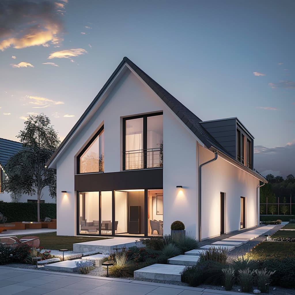 Modernes Einfamilienhaus mit Satteldach und großer Glasfront, energieeffizientes Haus mit Balkon und bodentiefen Fenstern, zeitgemäße Architektur in ruhiger Wohnlage bei Abenddämmerung