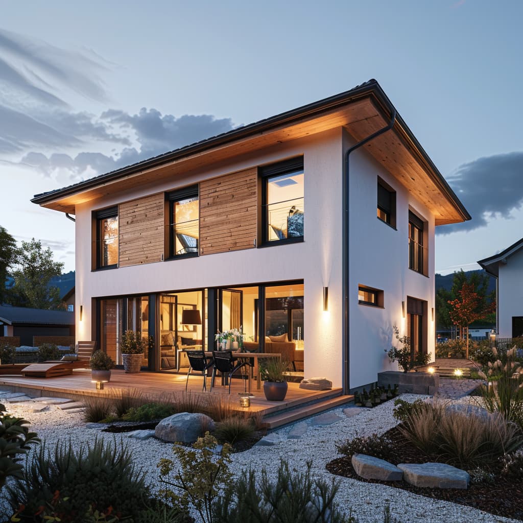 Modernes Stadtquader 150 Einfamilienhaus mit Flachdach, Holzfassade und großer Terrasse, energieeffizientes Massivhaus mit bodentiefen Fenstern und stilvoller Außenbeleuchtung in moderner Wohnsiedlung bei Abendstimmung