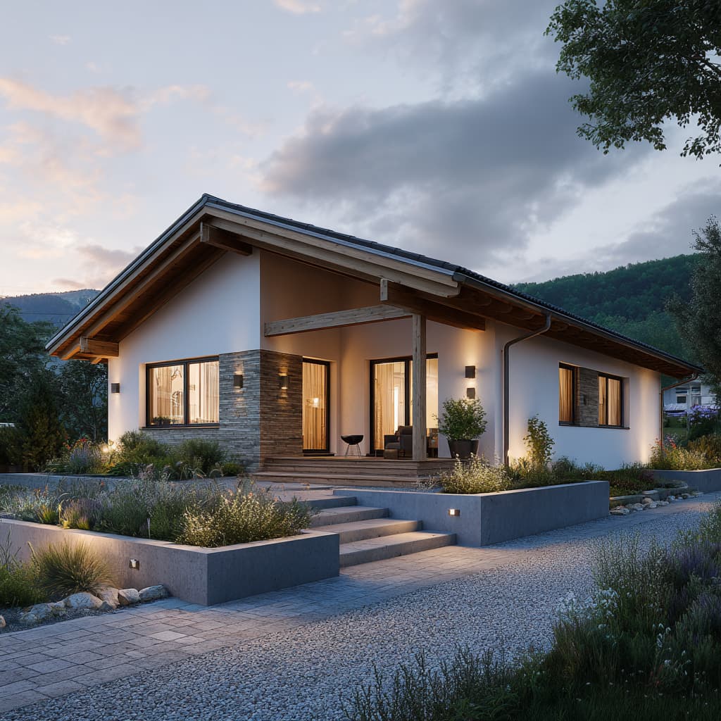 Moderner eingeschossiger Haustyp Talhaus 95 mit Satteldach, überdachter Terrasse und naturnaher Gartengestaltung