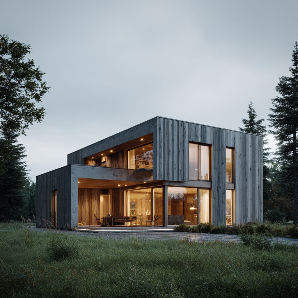 Moderne Waldbox 120 Stadtvilla mit Flachdach und Holzfassade, energieeffizientes Designhaus mit großer Fensterfront und überdachtem Balkon, stilvolles Einfamilienhaus in naturnaher Lage am Waldrand