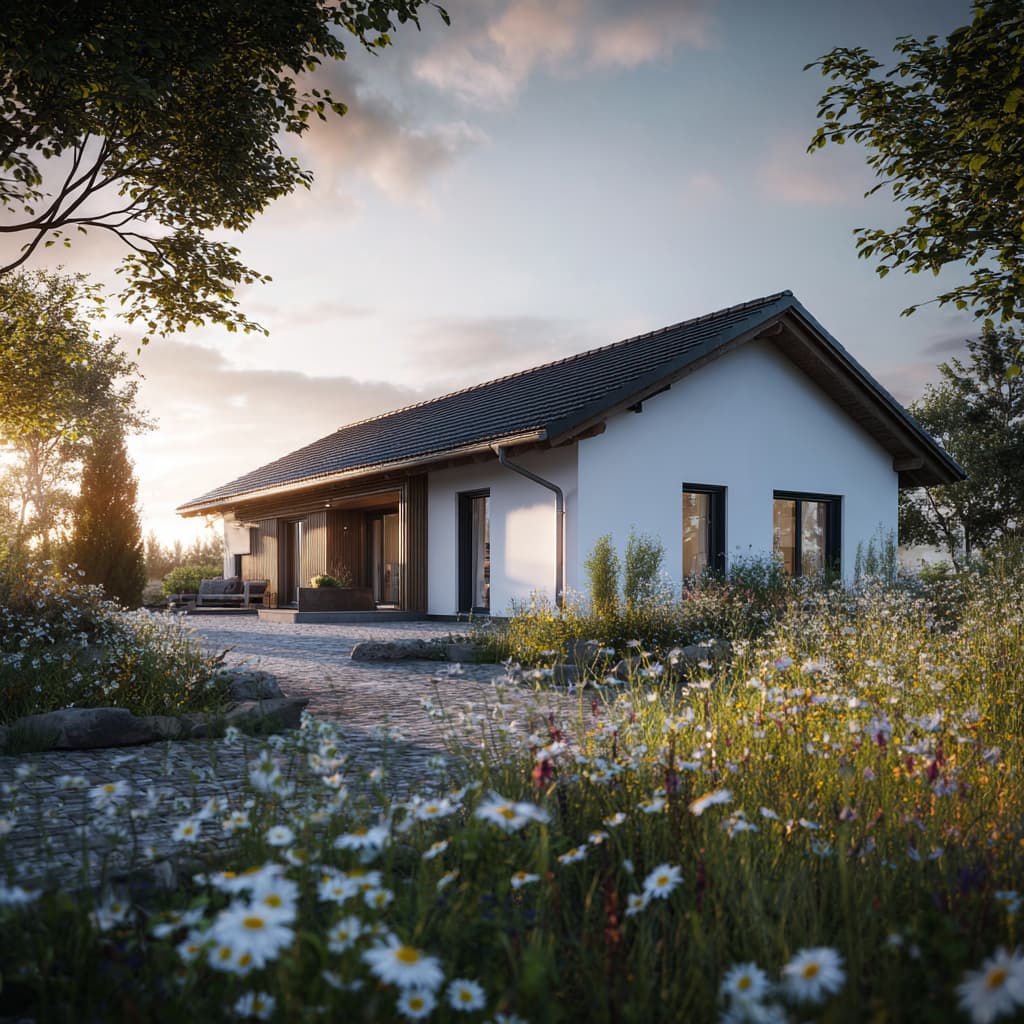 Modernes Einfamilienhaus Wiesnruh 100 mit Satteldach, weißer Putzfassade und großen Fenstern, idyllisch gelegen in blühender Wiesenlandschaft bei Sonnenuntergang mit naturnaher Gartengestaltung