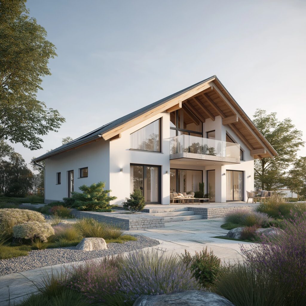 Modernes Einfamilienhaus mit Satteldach, Holzgiebel und Balkon sowie großzügiger Terrasse und Gartenanlage.