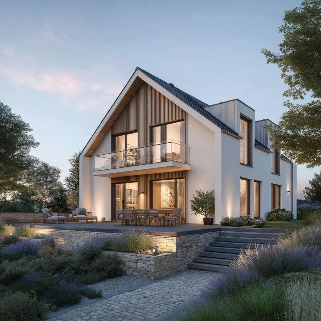 Modernes Einfamilienhaus mit Satteldach, Holzgiebel, Balkon und großer Terrasse in moderner Architektur.