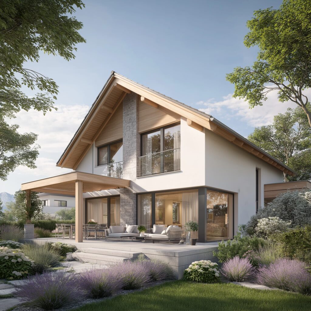 Modernes Einfamilienhaus mit Satteldach, Holzdetails und überdachter Terrasse mit Sitzbereich.