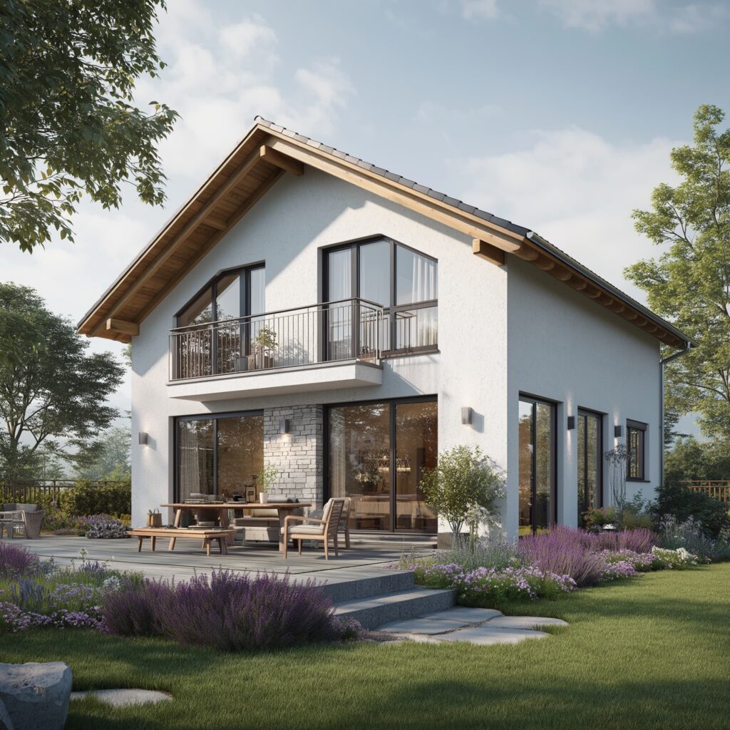 Modernes Einfamilienhaus mit Satteldach, Balkon und großer Terrasse mit Sitzbereich im Garten.