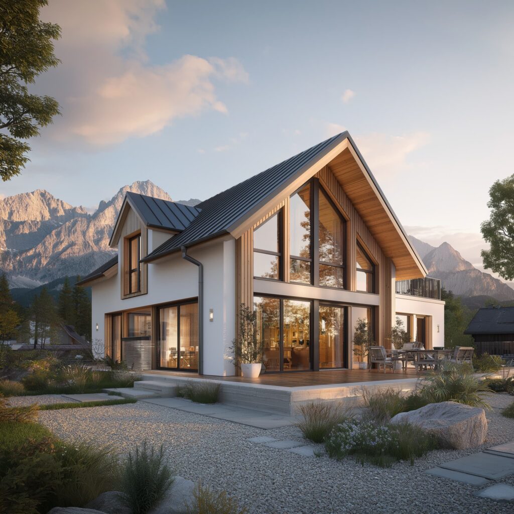 Modernes Einfamilienhaus mit großen Panoramafenstern, Holzgiebel und Blick auf eine alpine Berglandschaft.