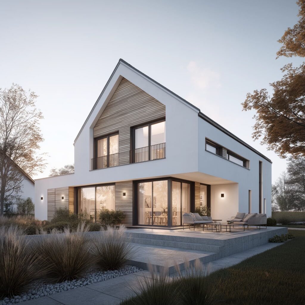 Modernes Einfamilienhaus mit klarer Architektur, großen Fensterflächen und Terrasse in ruhiger Wohnlage.