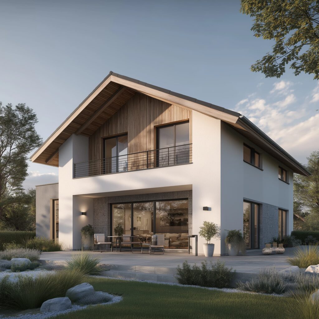 Modernes Einfamilienhaus mit Satteldach, Holzgiebel, Balkon und großer Terrasse mit Sitzbereich.