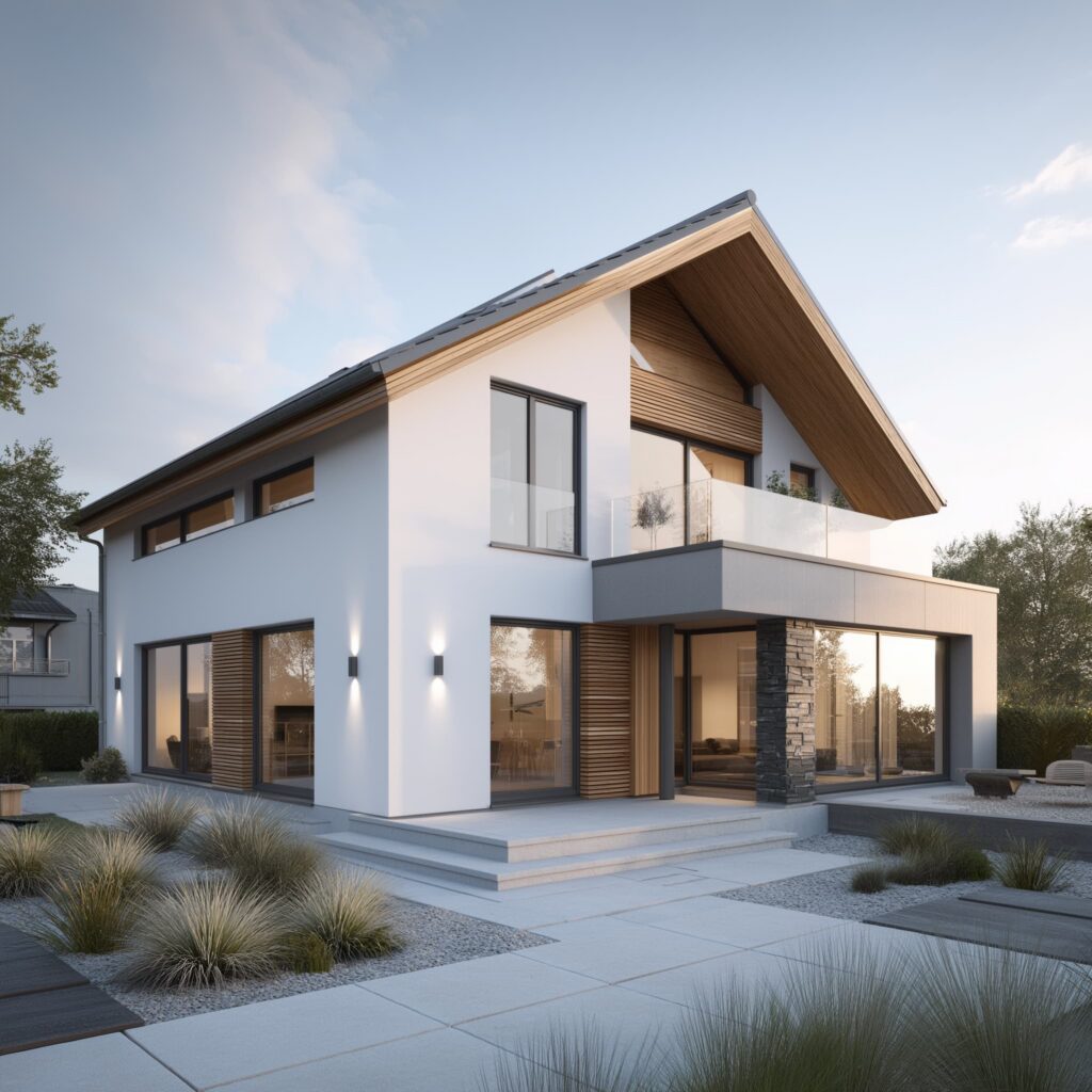 Modernes Einfamilienhaus mit Satteldach, Balkon und großen Fensterflächen in moderner Architektur.