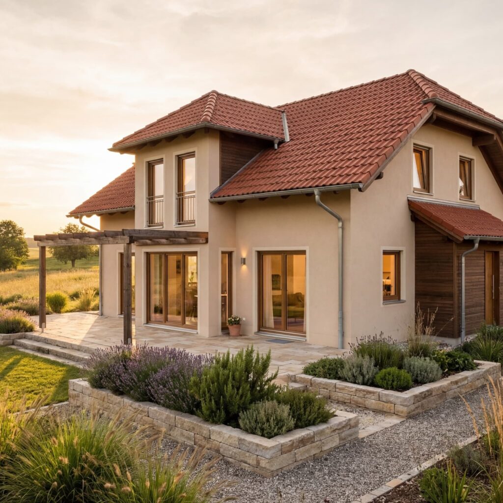 Modernes Einfamilienhaus mit rotem Satteldach, heller Putzfassade und Terrasse mit Pergola im Garten