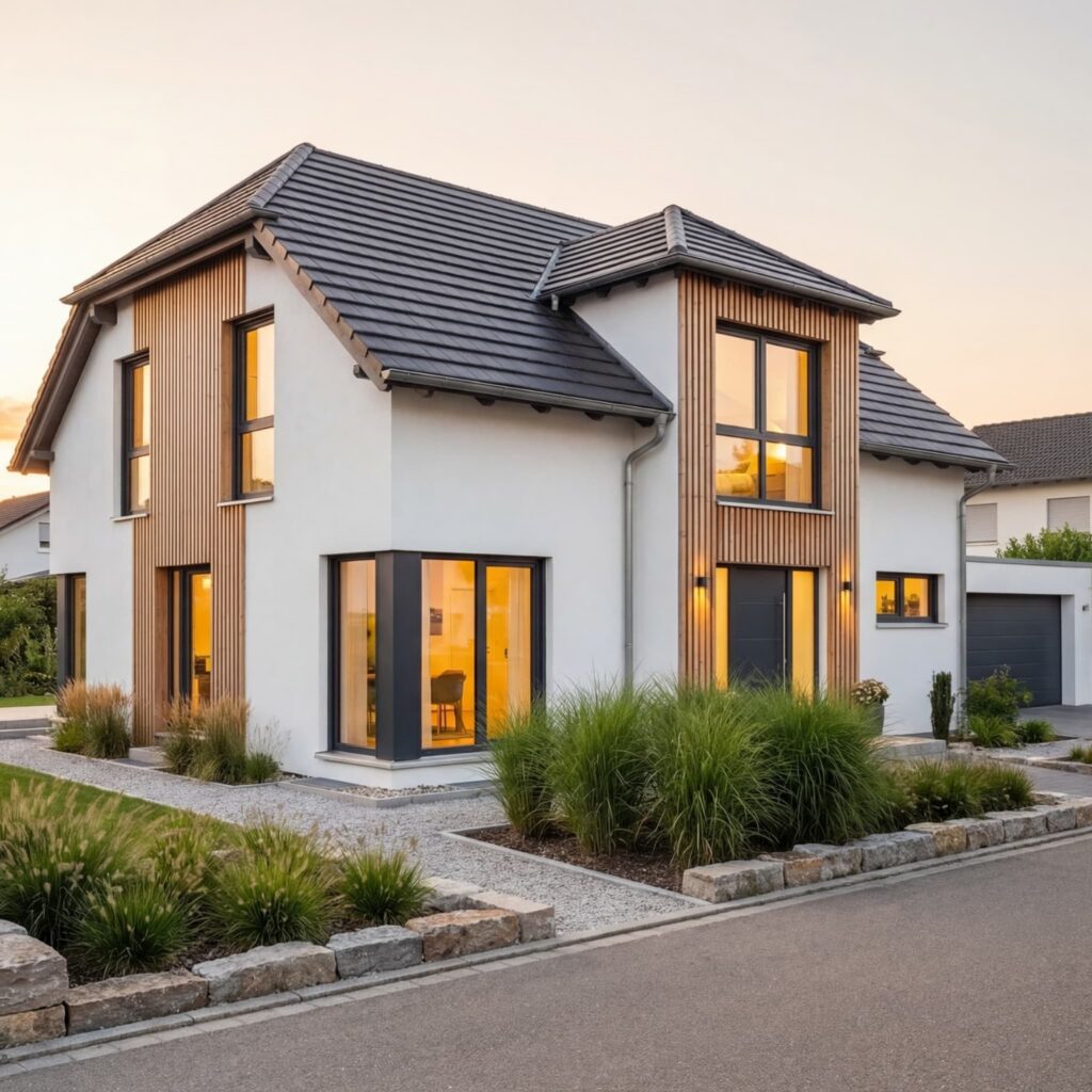 Modernes Massivhaus mit Holzlamellen-Fassade, großen Fensterfronten und Satteldach in moderner Wohnsiedlung