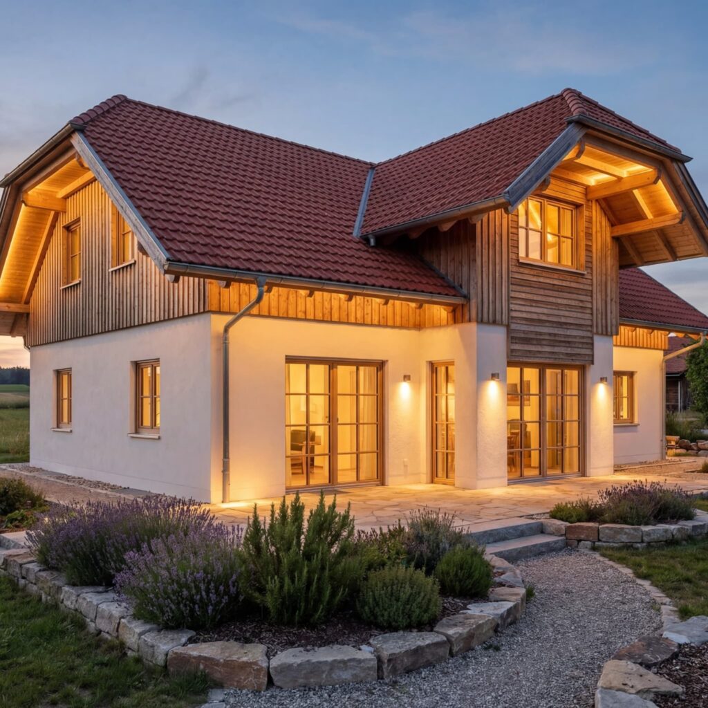 Modernes Massivhaus mit Holzfassade, rotem Satteldach und großer Terrasse bei Abendbeleuchtung