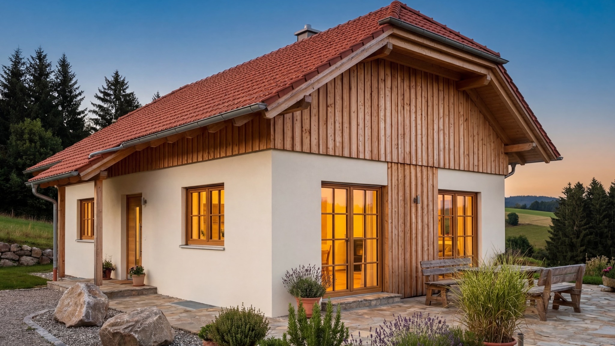 Modernes Massivhaus mit Satteldach, Holzfassade und großer Terrasse im ländlichen Umfeld bei Sonnenuntergang