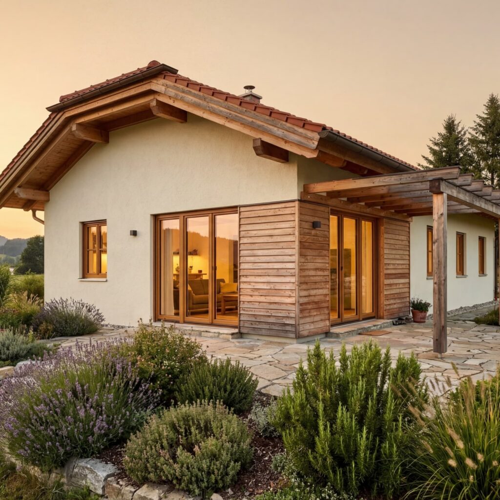 Modernes Massivhaus mit Holz-Putz-Fassade, großen Glasflächen und überdachter Terrasse im Garten bei Abendstimmung