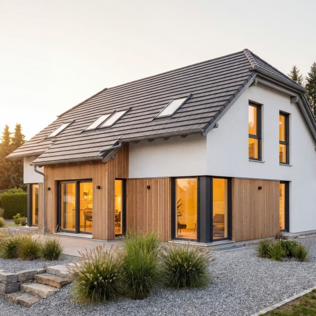 Modernes Massivhaus mit Holzlamellen-Fassade, großen Fensterflächen und Satteldach bei Abendlicht
