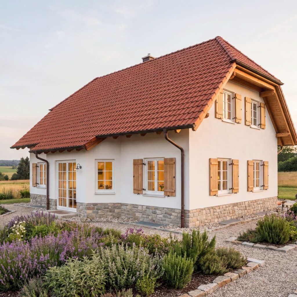 Klassisches Massivhaus mit rotem Satteldach, weißen Putzfassaden und Holzfensterläden im ländlichen Garten