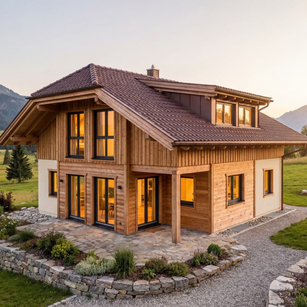 Modernes Massivhaus mit Holzfassade, großen Fensterflächen und Satteldach in ländlicher Berglandschaft