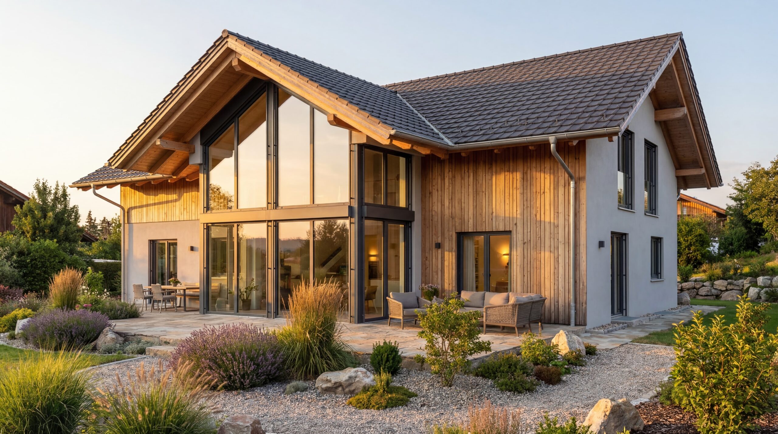 Modernes Einfamilienhaus mit großer Glasfassade, Holzverkleidung und Terrasse