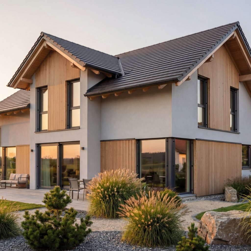 Modernes Massivhaus Berglicht 142 mit großer Glas-Giebel­front, Holzfassade und Terrasse