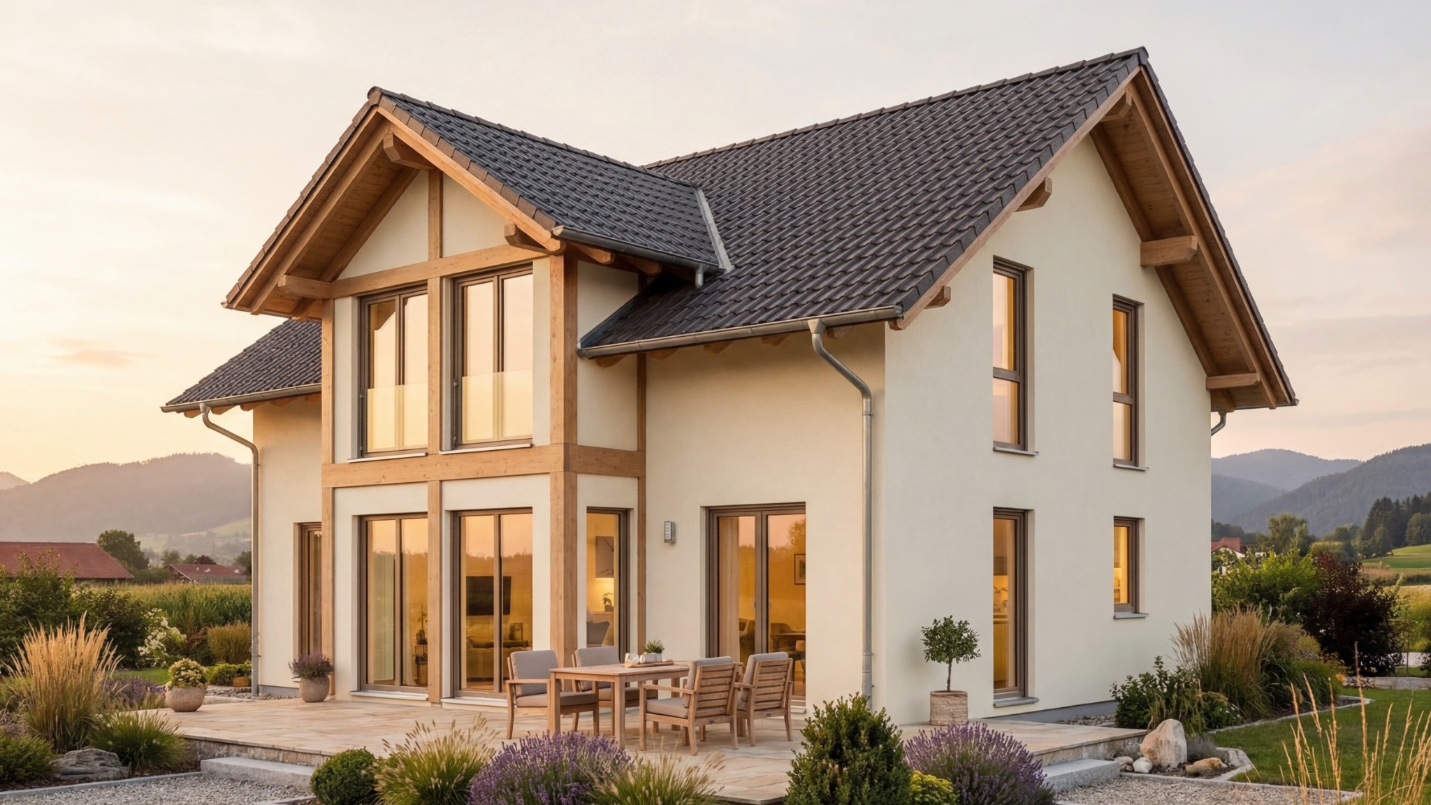 Modernes zweigeschossiges Massivhaus Berglicht 142 mit Satteldach, großer Glasfront und Terrasse im ländlichen Umfeld