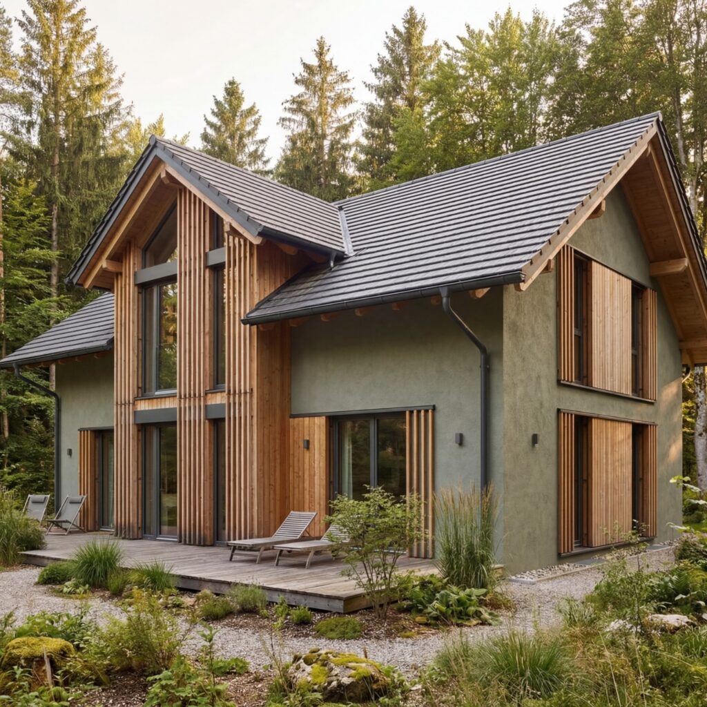 Modernes Massivhaus Berglicht 142 mit Holzlamellenfassade und Terrasse in naturnaher Waldlage