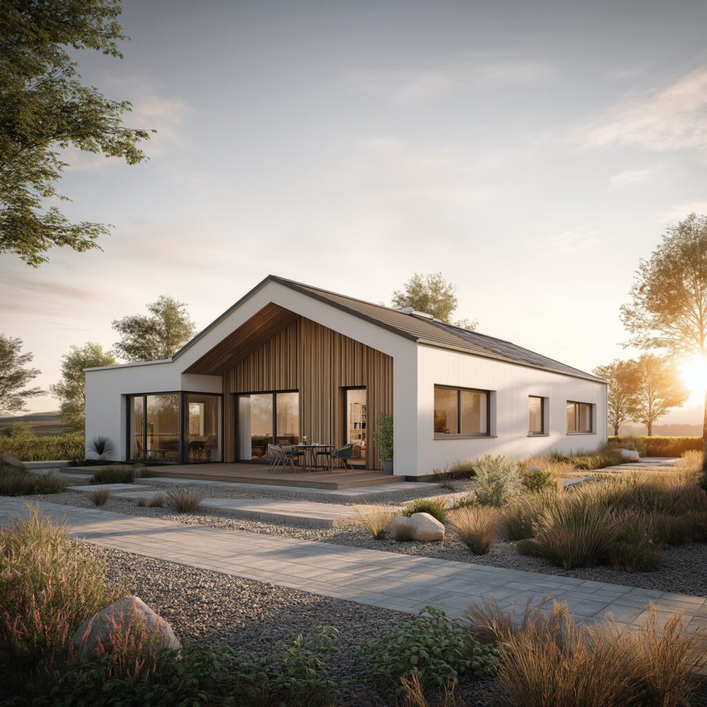 Modernes Einfamilienhaus mit Holzfassade, großer Terrasse und bodentiefen Fenstern