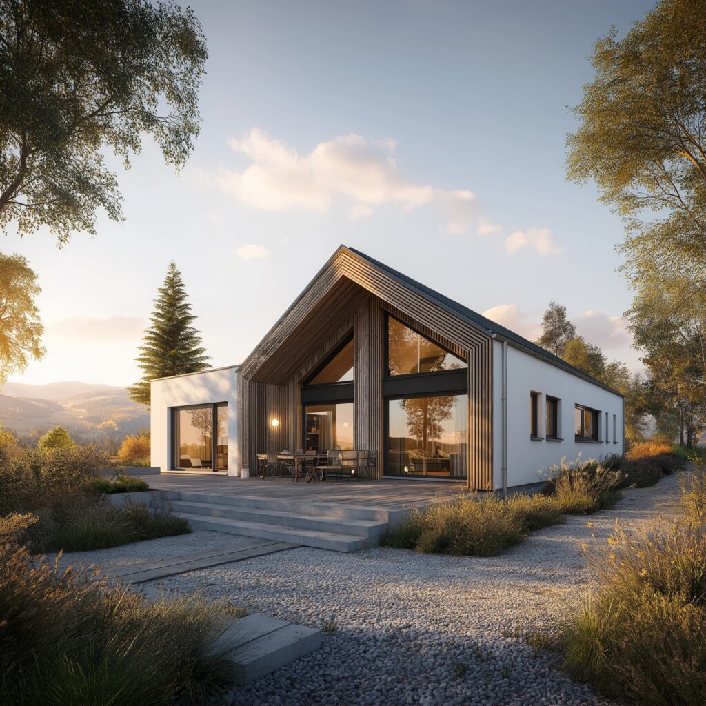 Modernes Einfamilienhaus mit Holzfassade, großer Glasfront und Terrasse in naturnaher Umgebung