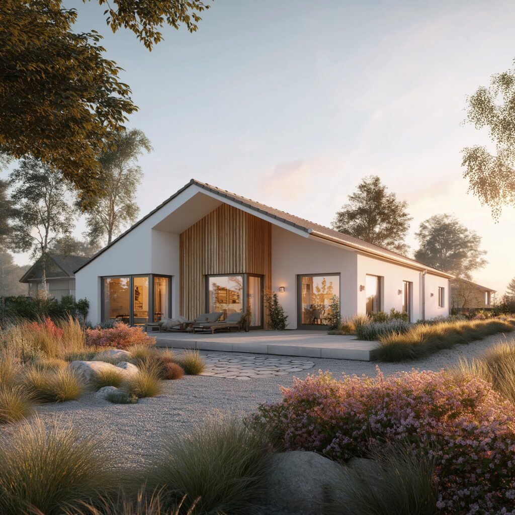 Modernes Einfamilienhaus mit Holzfassade, großer Terrasse und naturnaher Gartengestaltung