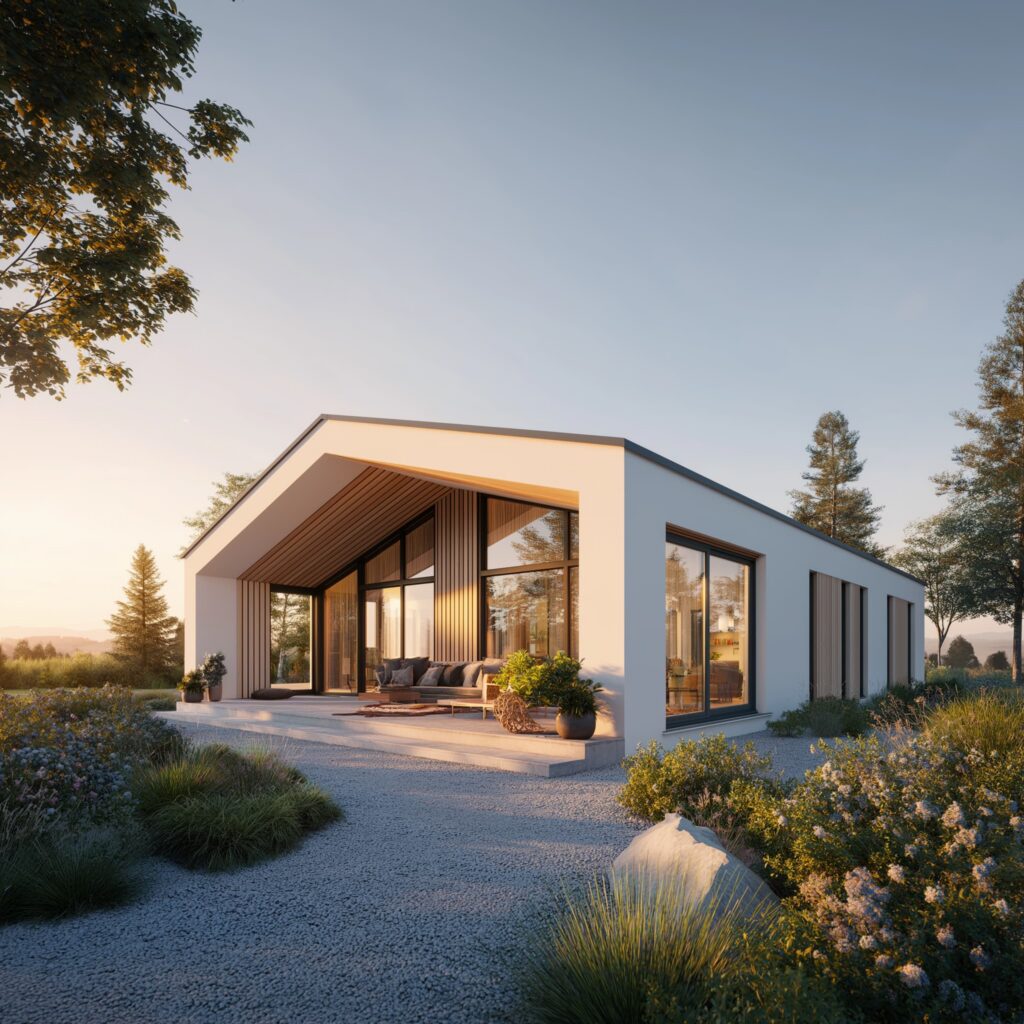 Modernes Einfamilienhaus mit großer Glasfassade, Terrasse und naturnaher Gartengestaltung