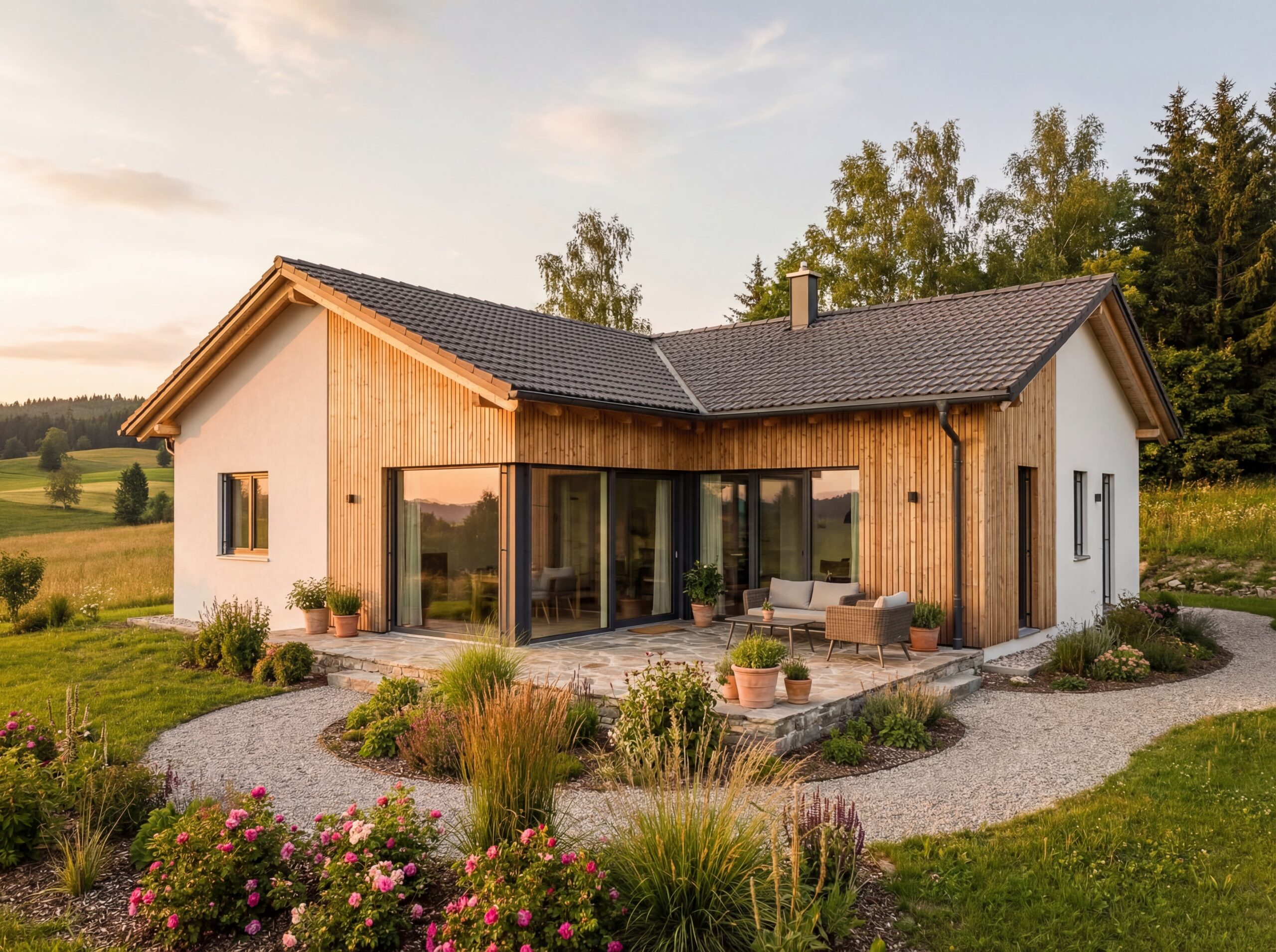 Modernes Massivhaus mit Holzfassade und großer Terrasse in ländlicher Landschaft