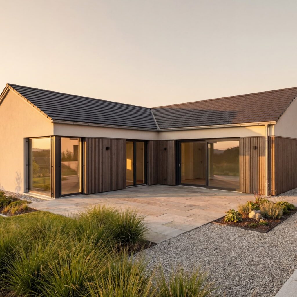 Modernes Einfamilienhaus mit Holzfassade, großen Fensterfronten und Terrasse