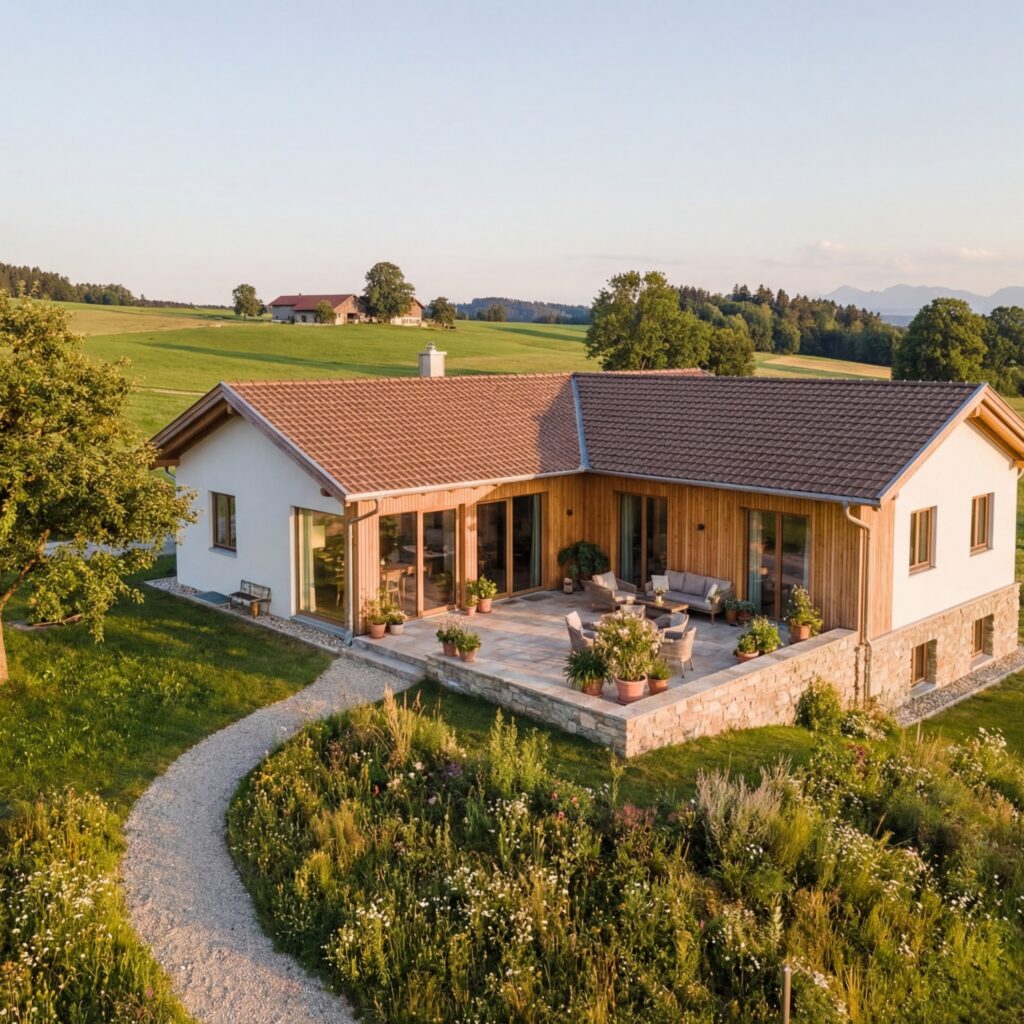 Modernes Einfamilienhaus mit Holzfassade und großer Terrasse in ländlicher Landschaft
