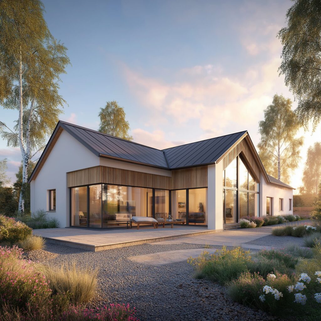 Modernes Massivhaus mit großer Glasfassade, Holzverkleidung und Terrasse in naturnaher Umgebung