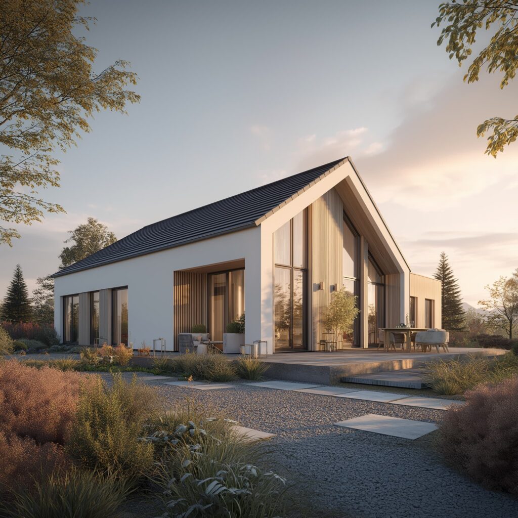 Modernes Einfamilienhaus mit großer Glasfassade und Holzverkleidung in naturnaher Umgebung